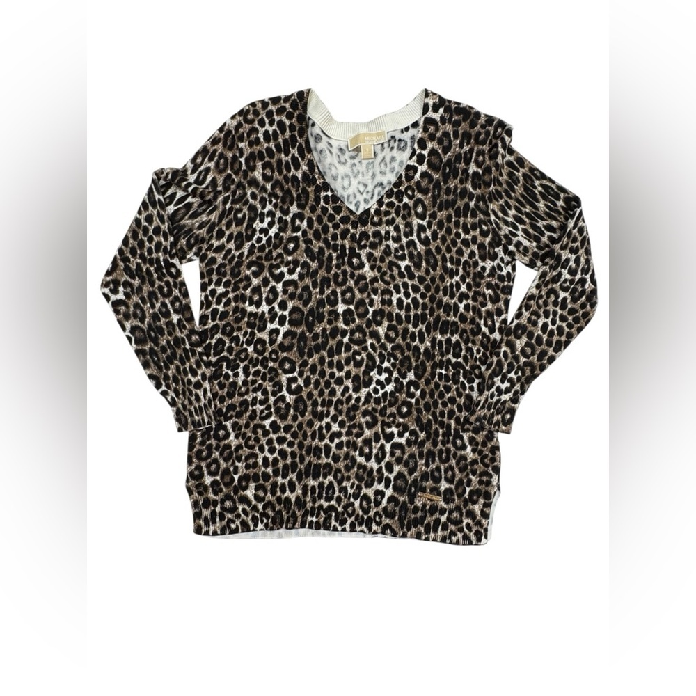 Michael Kors Animal Print V-Neck Sweater in Brown and Black